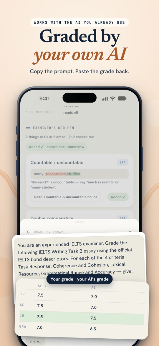 Graded by your own AI: copy the examiner prompt, paste the grade back